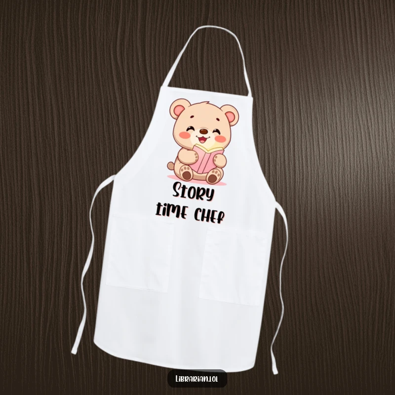 Funny apron featuring a happy bear cub holding a glowing bookmark, ideal for kitchen fun and book lovers.