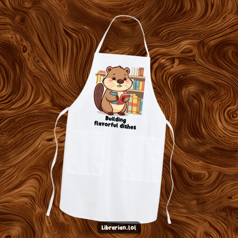 Determined beaver tidying books on a shelf, featured on an apron for a focused and organized kitchen experience.