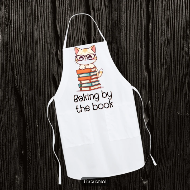 Funny apron showing a smiling cat with glasses, stacking books precariously, ready to tackle literary recipes with humor.