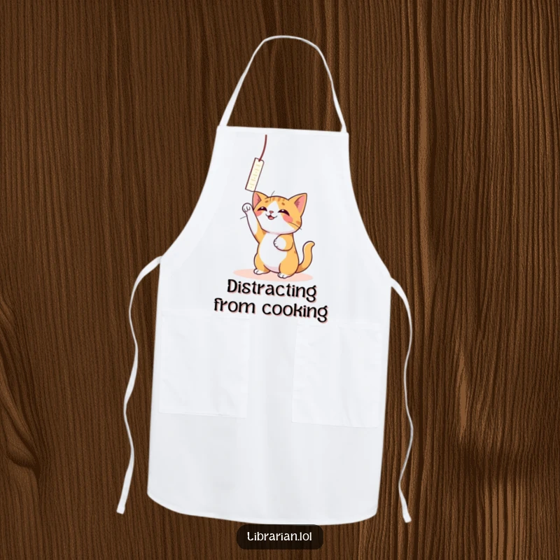 Funny Cat Bookmark Apron: A playful cat bats at a dangling bookmark while cooking.