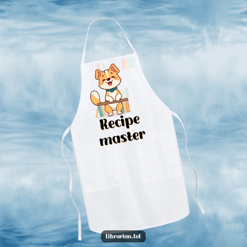 Funny Apron: Happy dog librarian wagging tail, organizing books on a high shelf, perfect for kitchen adventures.