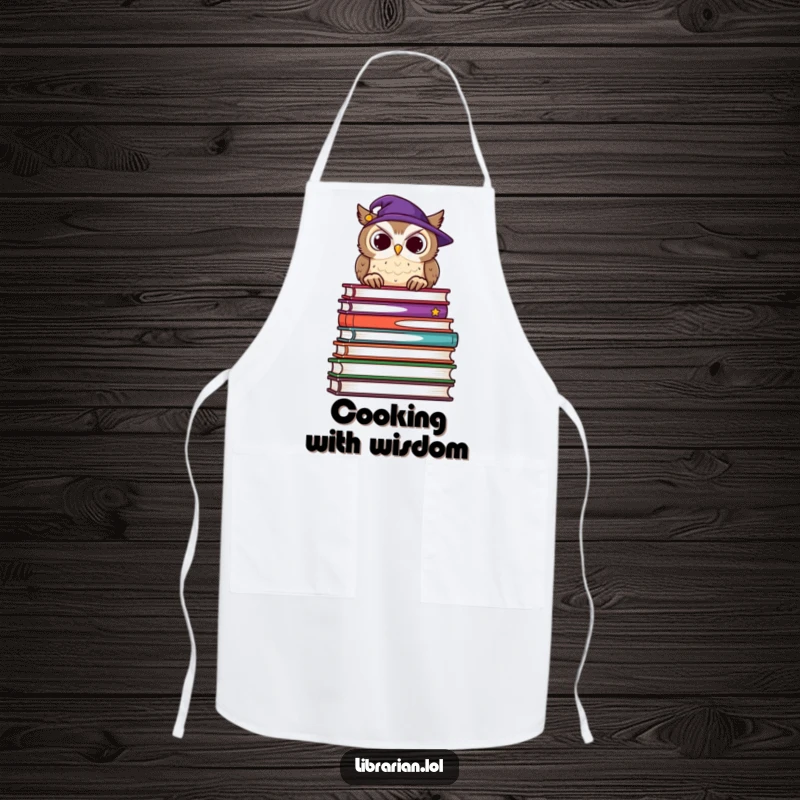 Funny apron showing a wise owl with glasses, peeking over a giant stack of books, ready to direct deliciously wise meals.