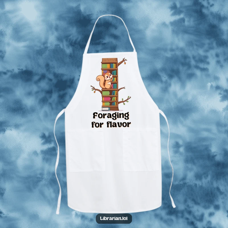 Funny squirrel energetically climbing a towering bookshelf like a tree, a whimsical apron for adventurous chefs.