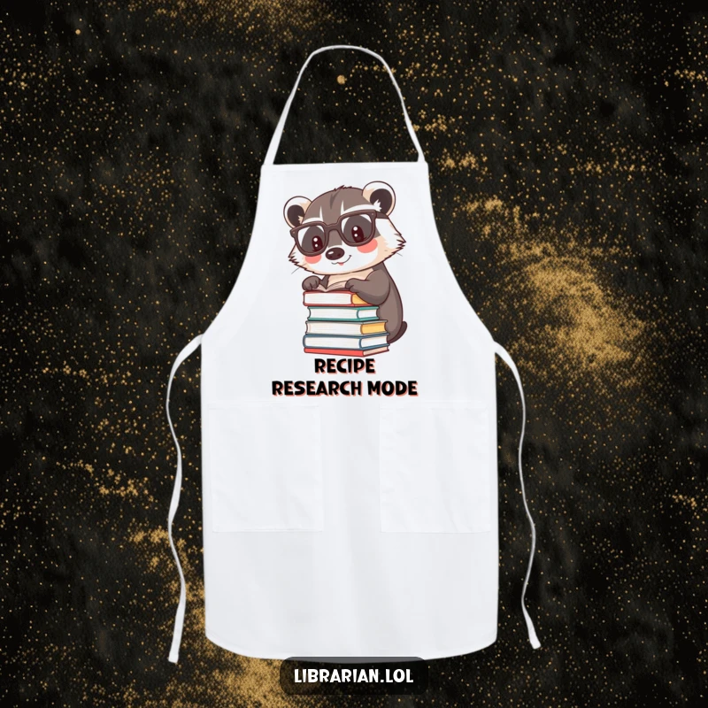 Funny happy badger wearing reading glasses, patting books, on a practical kitchen apron.