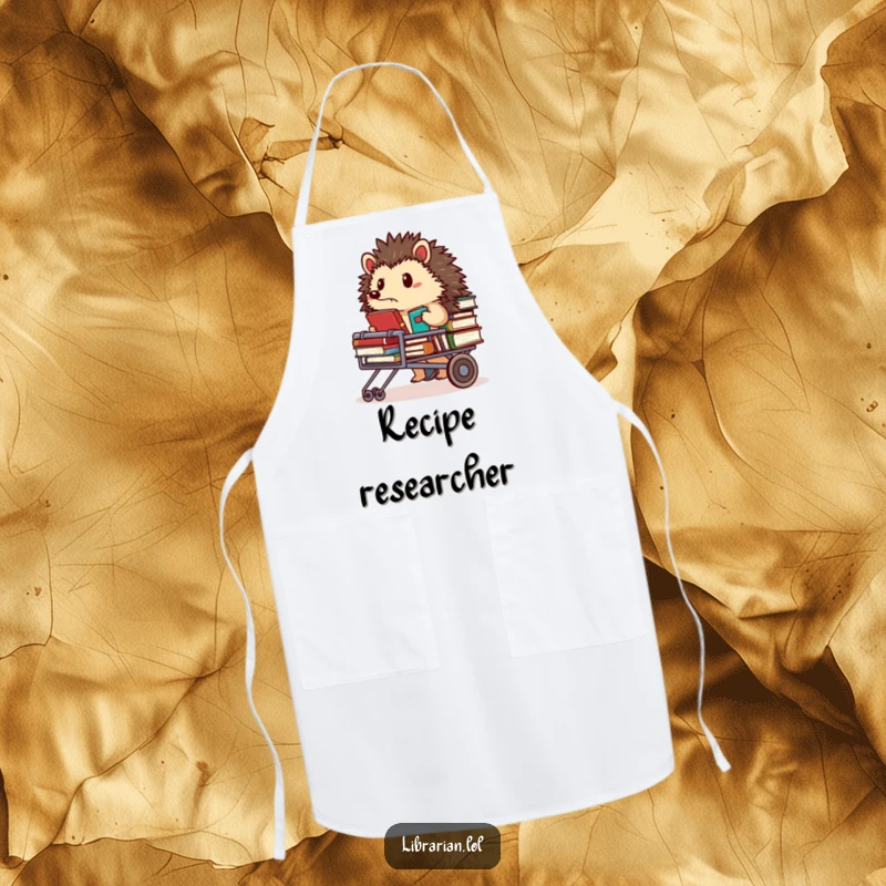 Funny Apron: Determined hedgehog librarian pushing a book cart, looking focused, ready to manage culinary tasks.