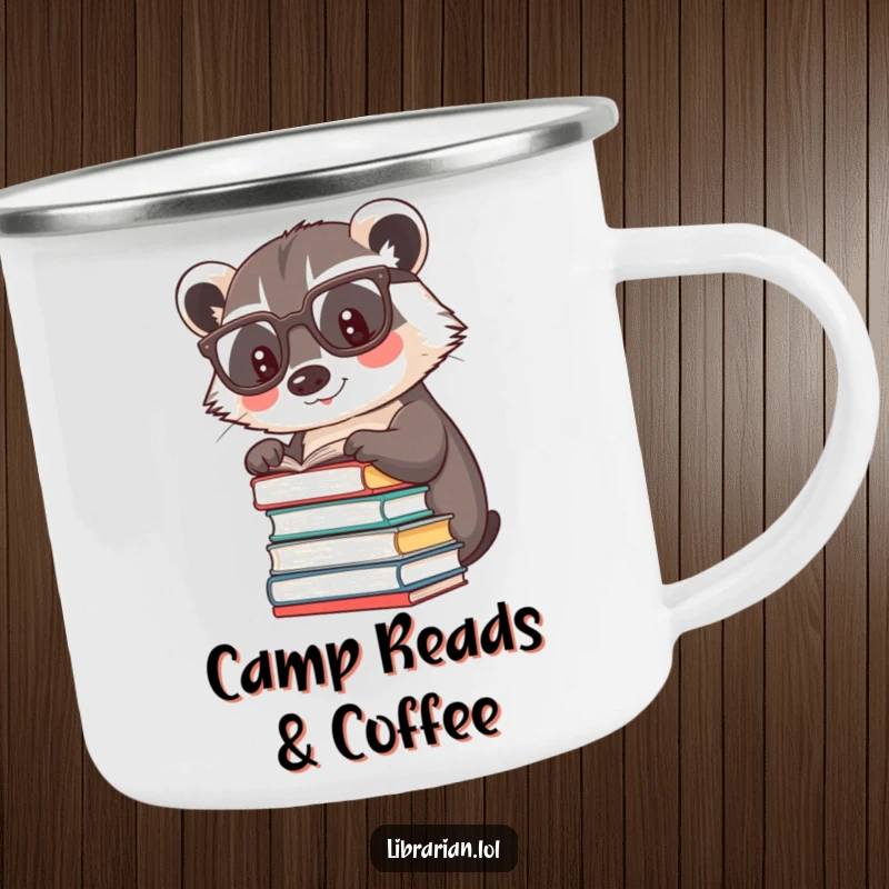 Funny happy badger wearing reading glasses, patting books, on a durable camping mug.