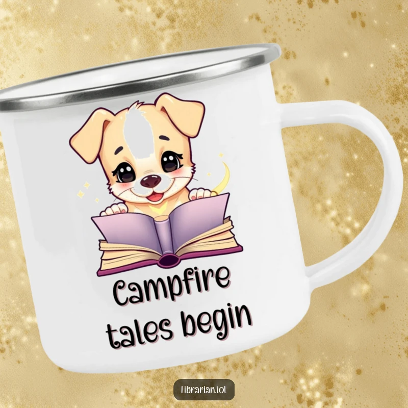 Funny puppy camping mug, giggling at an open magical book, perfect for enjoying drinks during outdoor adventures with a touch of whimsy.