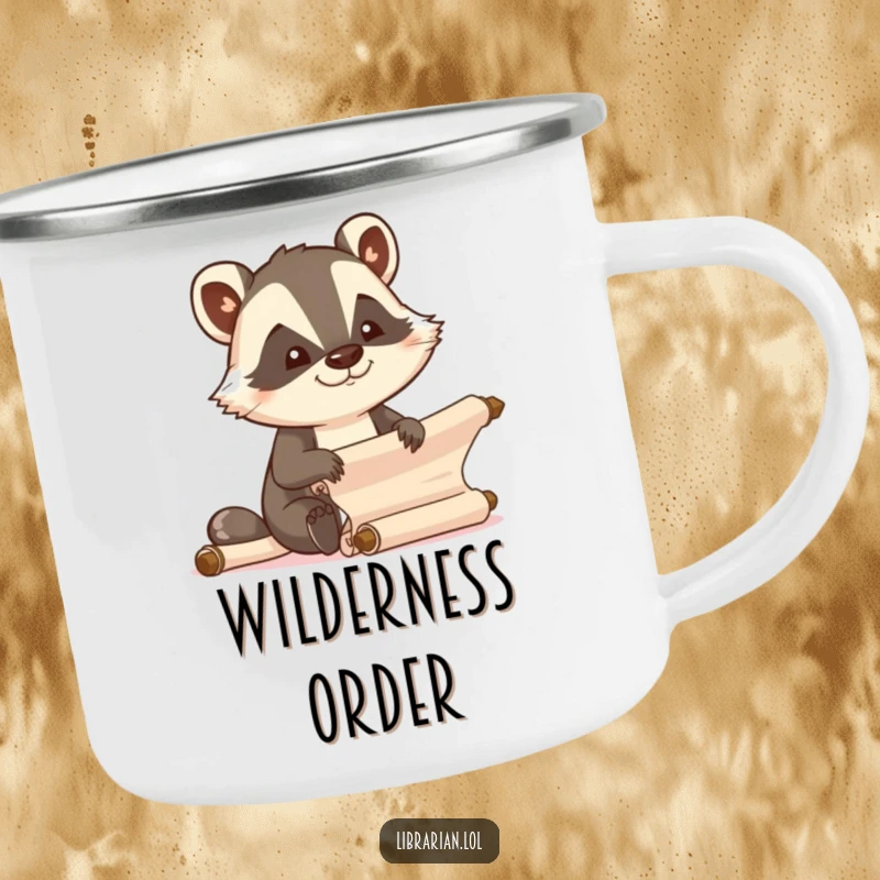 Funny determined badger organizing scrolls on a durable enamel camping mug for outdoor efficiency.