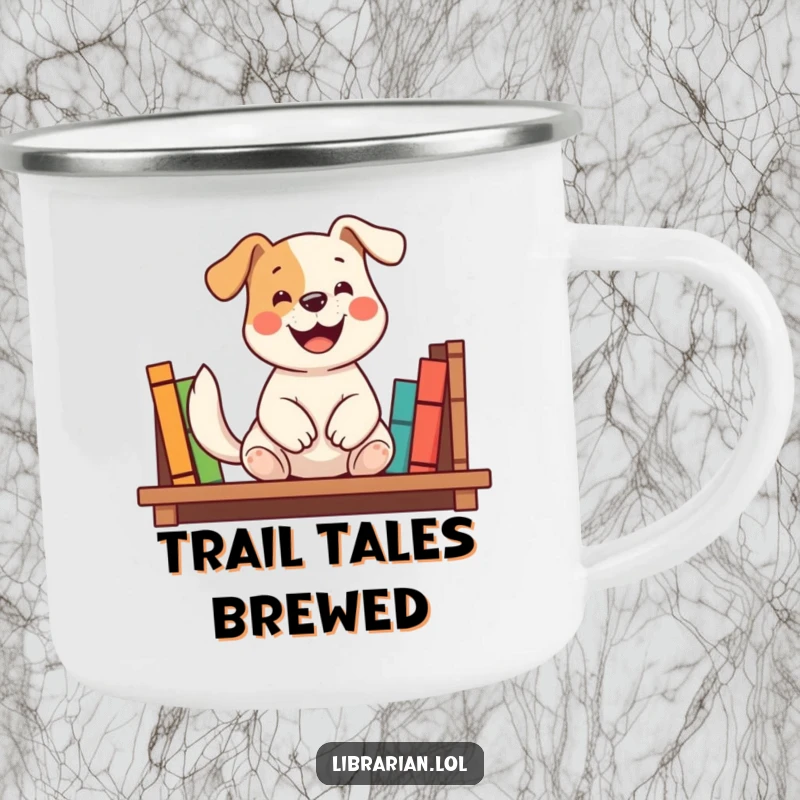 Funny camping mug showing a happy dog shelving books with a wagging tail, perfect for outdoor book lovers, a fantastic funny gift.