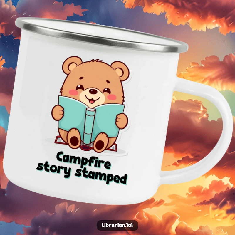 Funny enamel camping mug with a happy bear stamping a book, perfect for outdoor reading and humor.