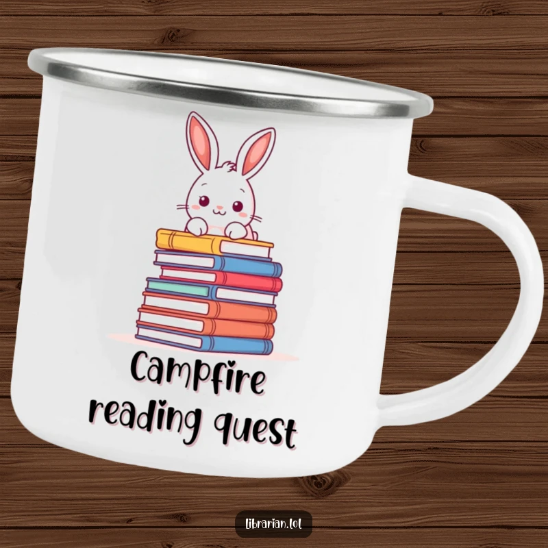 Funny enamel camping mug with a playful rabbit peeking over books, perfect for outdoor reading and humor.