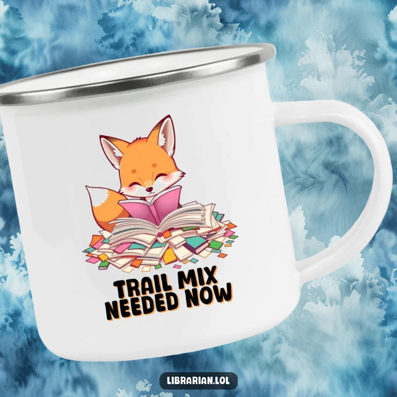 Funny enamel camping mug with a curious fox sorting through scattered book pages. Rugged and humorous drinkware for outdoor use.