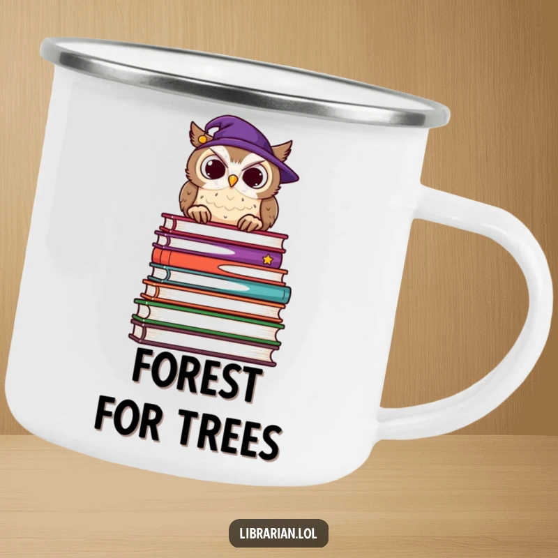 Funny camping mug featuring a wise owl in glasses, peering over books, ready for thoughtful moments and campfire learning.