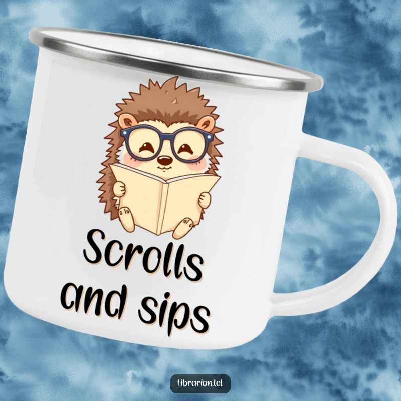 Funny enamel camping mug with a happy hedgehog wearing reading glasses and reading a tiny scroll. Rugged and humorous drinkware for scholars.
