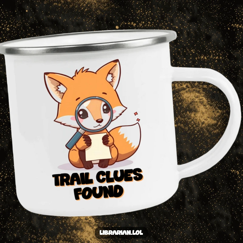 Funny camping mug featuring a fox with a magnifying glass examining a note, perfect for outdoor sleuths.