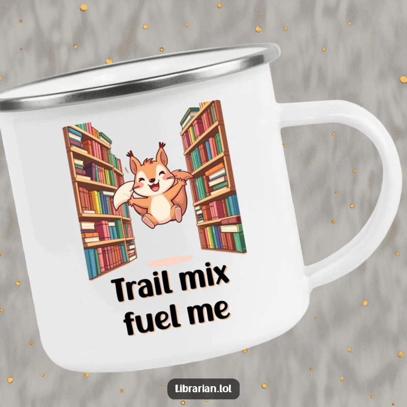 Funny camping mug with a grinning squirrel leaping between bookshelves, built for adventure and literary enjoyment outdoors.