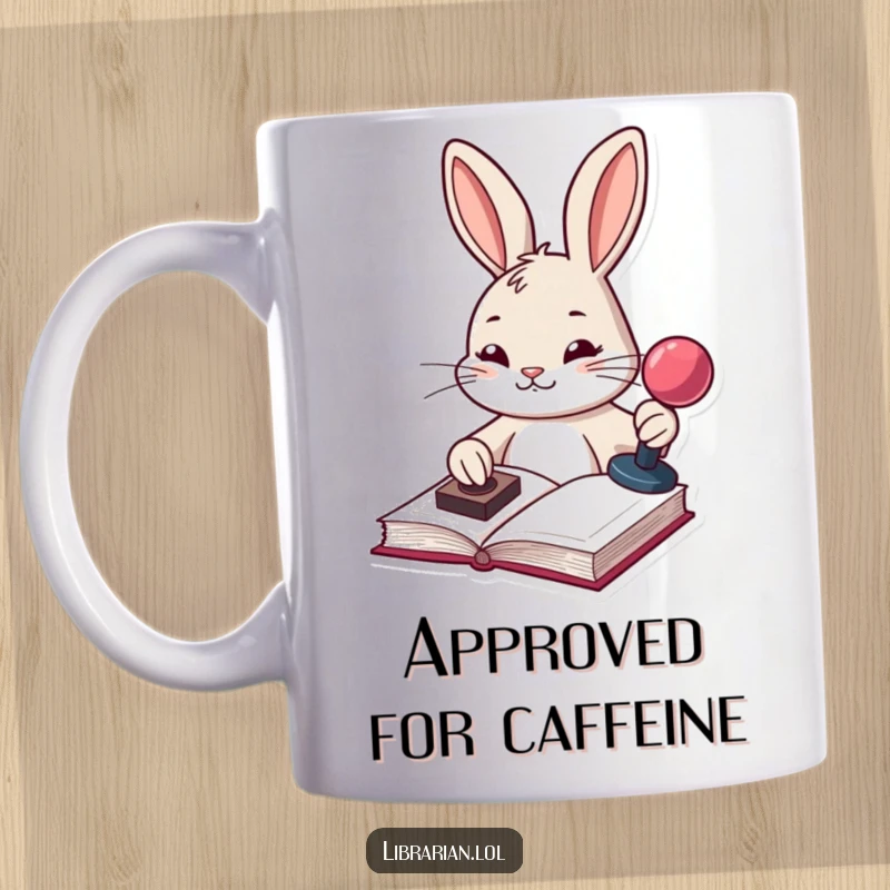 Funny determined bunny with a stamp pad stamping a book with satisfaction, on a mug for organized readers.