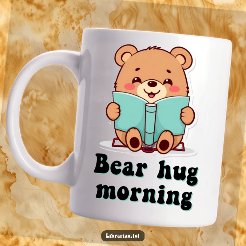Funny mug featuring a cheerful bear with a happy grin, enthusiastically stamping a book, showing love for reading.