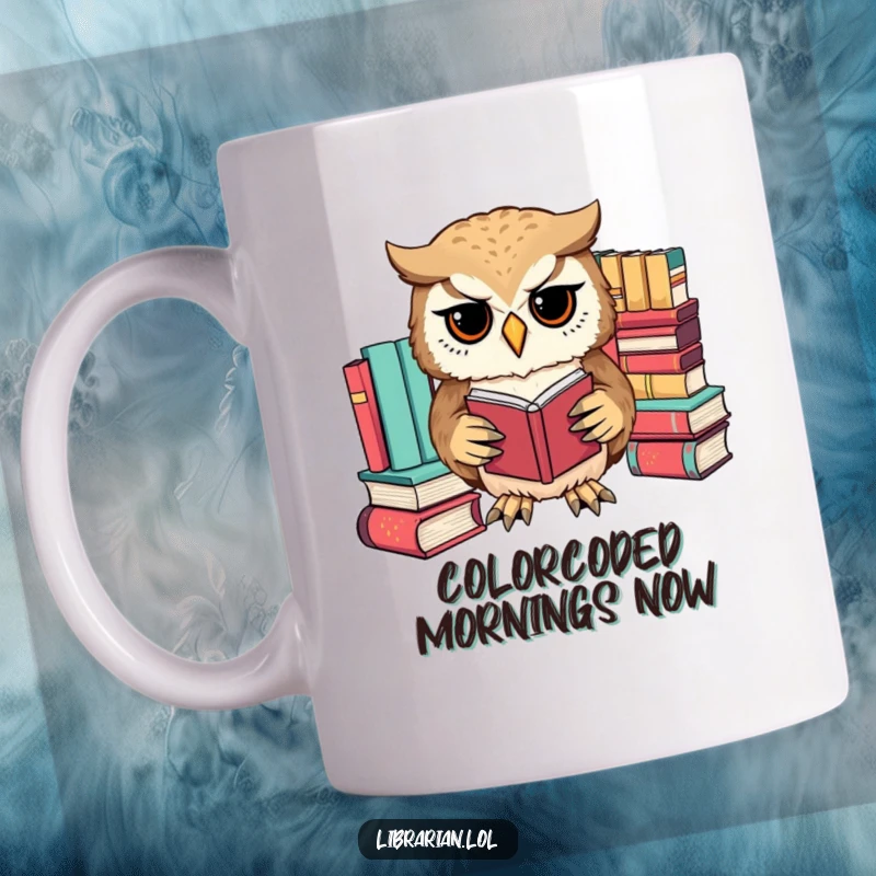 Funny owl meticulously sorting books by color with its paws, a humorous image for organized bibliophiles and bookworms.