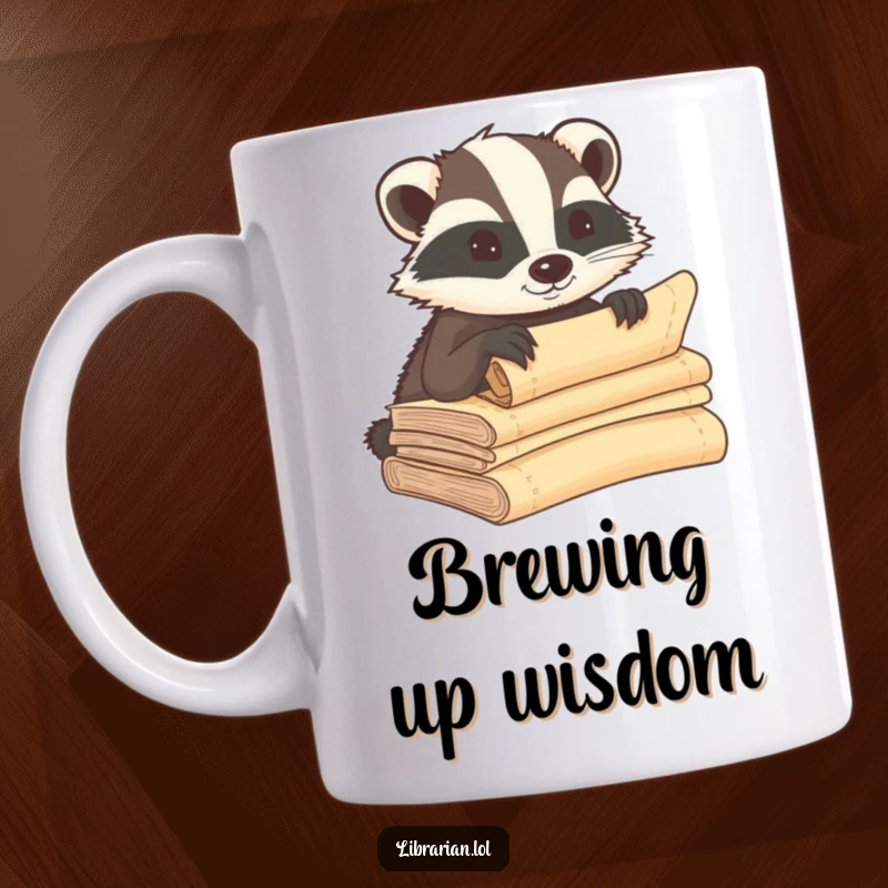 Funny badger mug, determinedly whispering secrets into ancient scrolls, exuding an aura of mystery and knowledge. A humorous collectible.