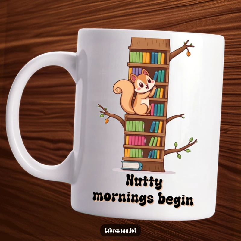 Funny squirrel energetically climbing a very tall bookshelf as if it were a tree, a whimsical image for readers.
