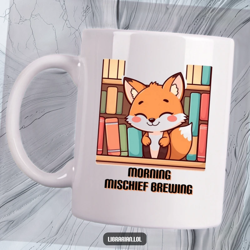 Funny playful fox with a mischievous grin peeking from behind a bookshelf, on a mug for sly readers.