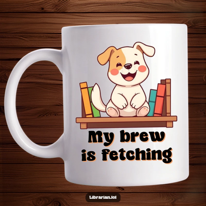 Funny mug showing a happy dog shelving books with a wagging tail and a smile, radiating helpfulness and bookish charm, a great funny gift.
