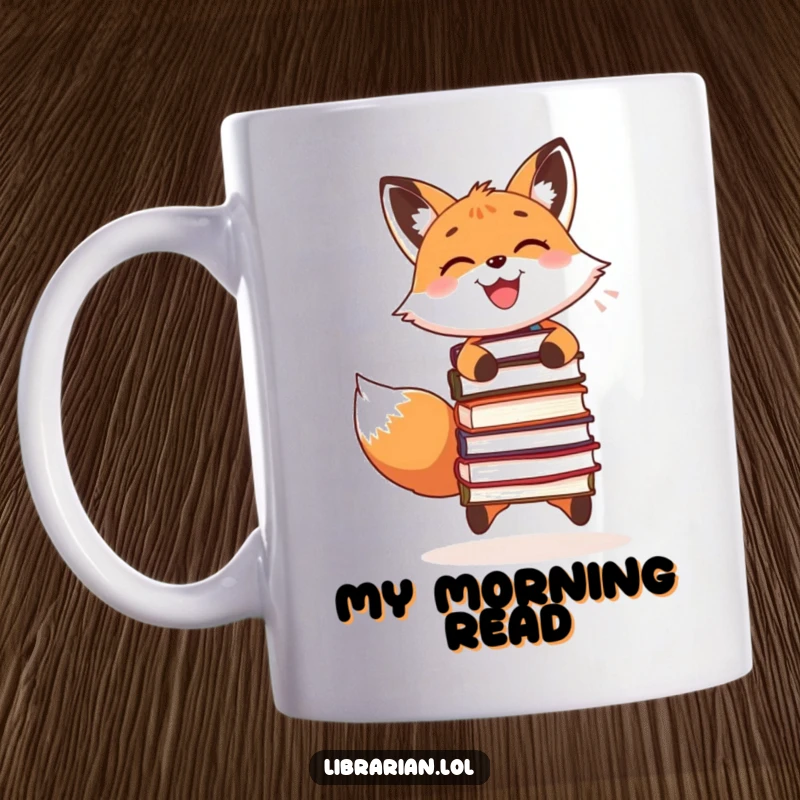 Funny mug showcasing a happy smiling fox joyfully juggling three stacked books, celebrating reading and cleverness.