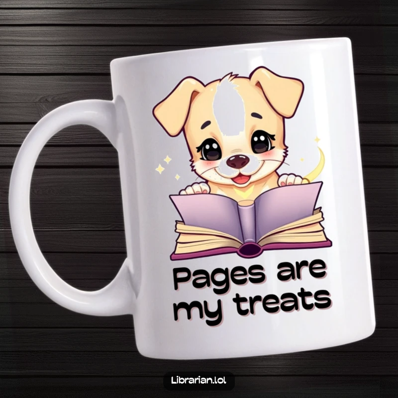 Funny puppy mug, giggling while staring at an open magical book, radiating joy and curiosity. A humorous treasure for readers.