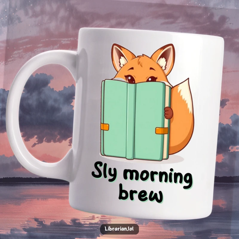 Funny mug: A mischievous fox librarian peeks from behind a book, a playful funny gift.