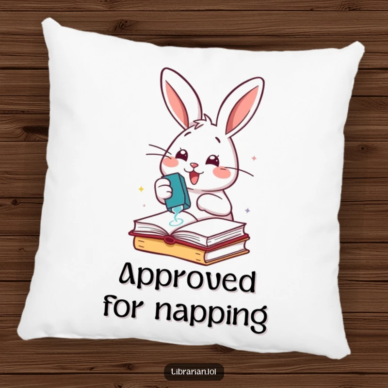 Funny cheerful rabbit enthusiastically stamping books with a rubber stamp, on a decorative pillow.
