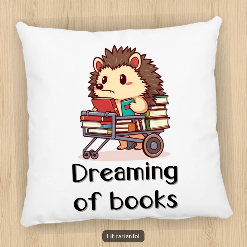 Funny Pillow: Determined hedgehog librarian pushing a book cart, looking focused, adds a studious touch.
