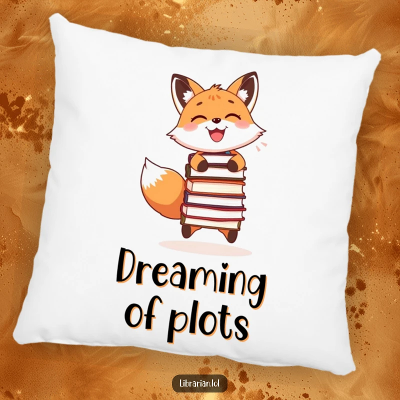 Funny decorative pillow featuring a smiling fox juggling books, perfect for adding humor and comfort to any space.