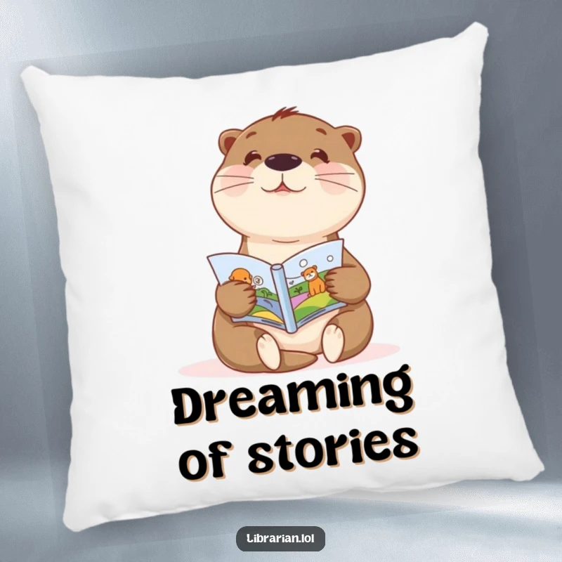 Funny pillow with a sweet otter enthusiastically showing a picture book, perfect for cozying up during story time.