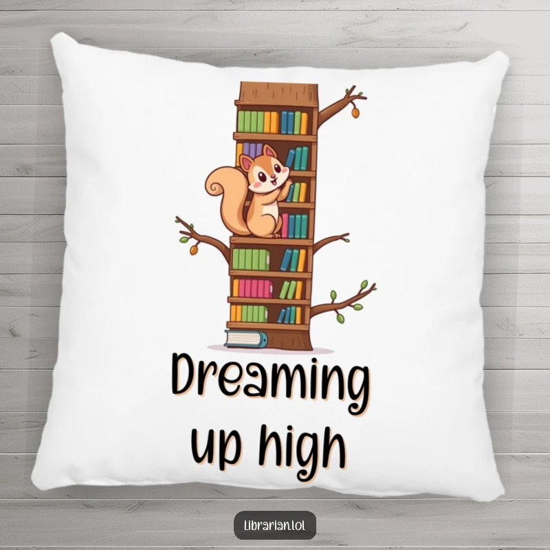 Funny squirrel climbing a towering bookshelf like a tree, a soft and cozy pillow for playful book lovers.