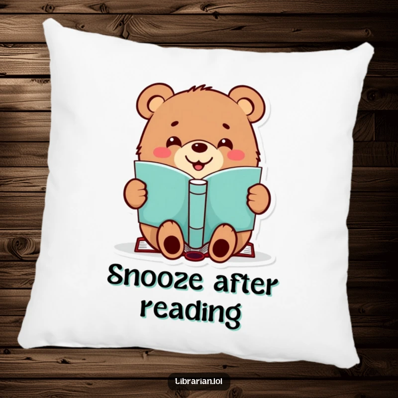 Funny decorative pillow featuring a happy bear stamping a book, perfect for adding humor and comfort.