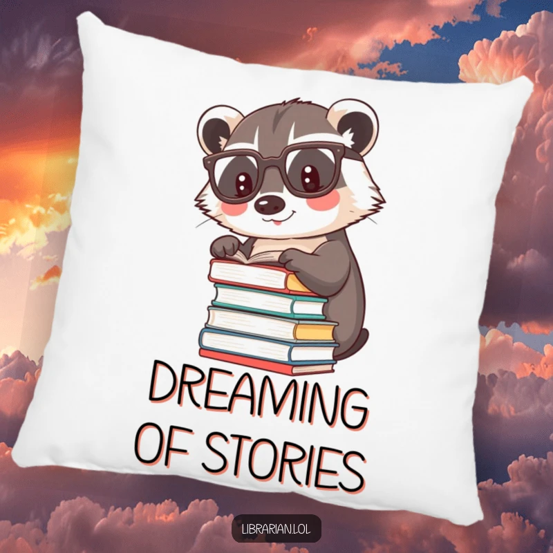 Funny happy badger wearing reading glasses, patting books, on a soft decorative pillow.