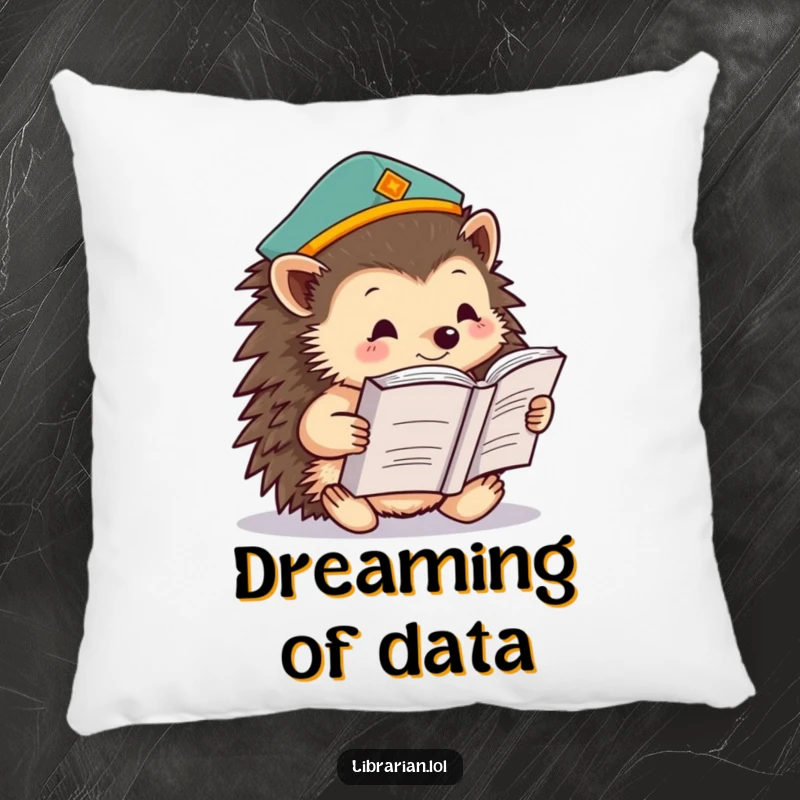 Funny hedgehog in a scholar's cap, reading a massive tome, on a soft pillow, creating a cozy and humorous study nook.