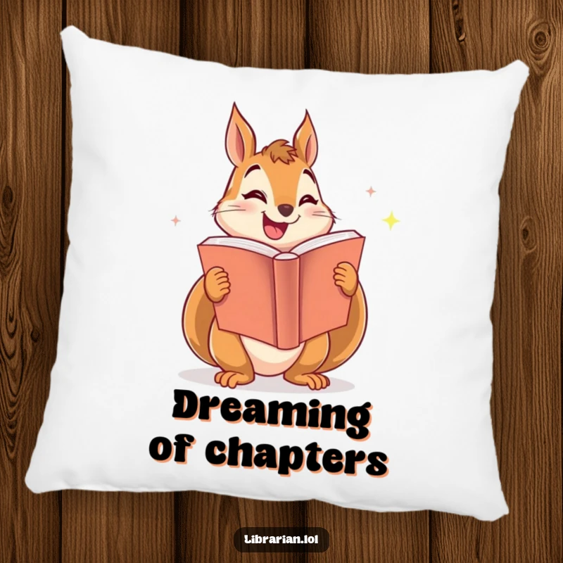 Funny pillow with a smiling squirrel enthusiastically sharing a large, sparkling book, offering comfort and literary cheer.