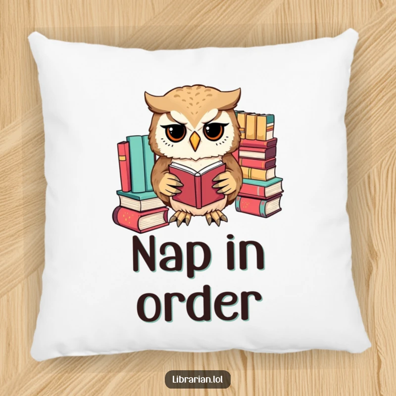 Funny owl meticulously sorting books by color with its paws, a soft and cozy pillow for organized book lovers.