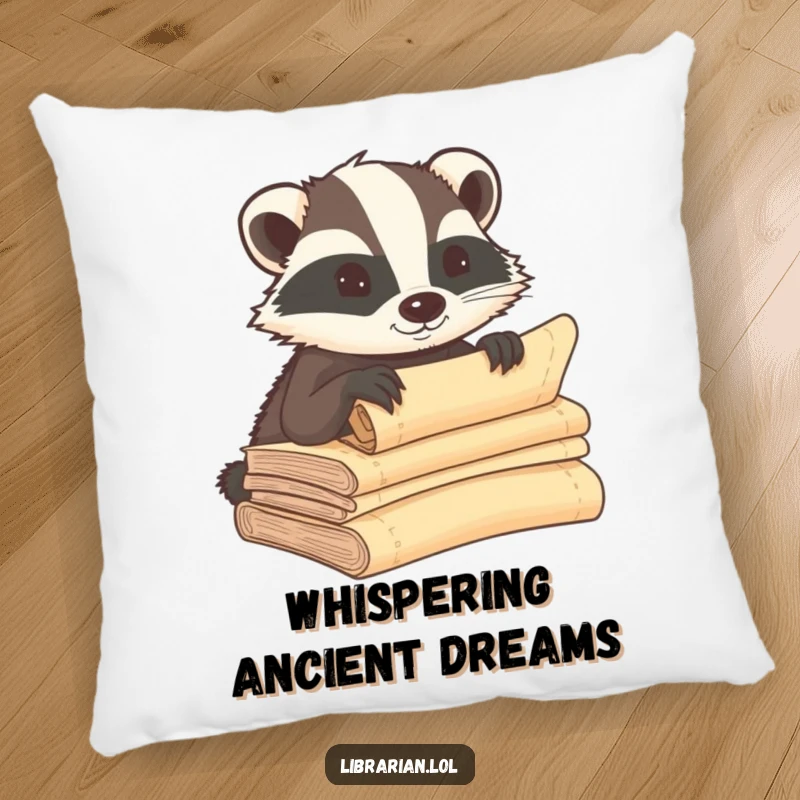 Funny badger pillow, whispering secrets into ancient scrolls, offering plush comfort and a hint of ancient mystery.