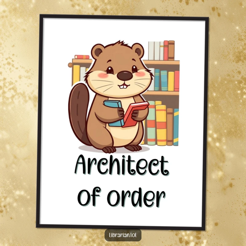 Determined beaver meticulously tidying books on a shelf, available as a digital art print for motivational home decor.