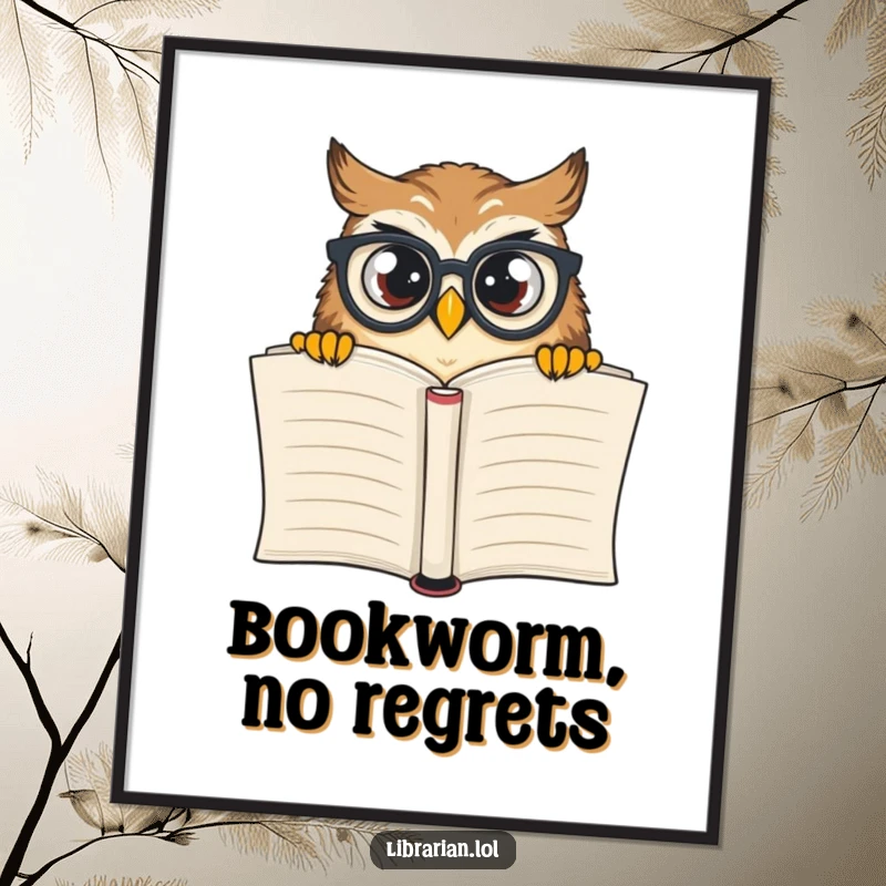 Funny curious owl wearing spectacles peeking over a book, as a digital art print for instant humorous wall decor.