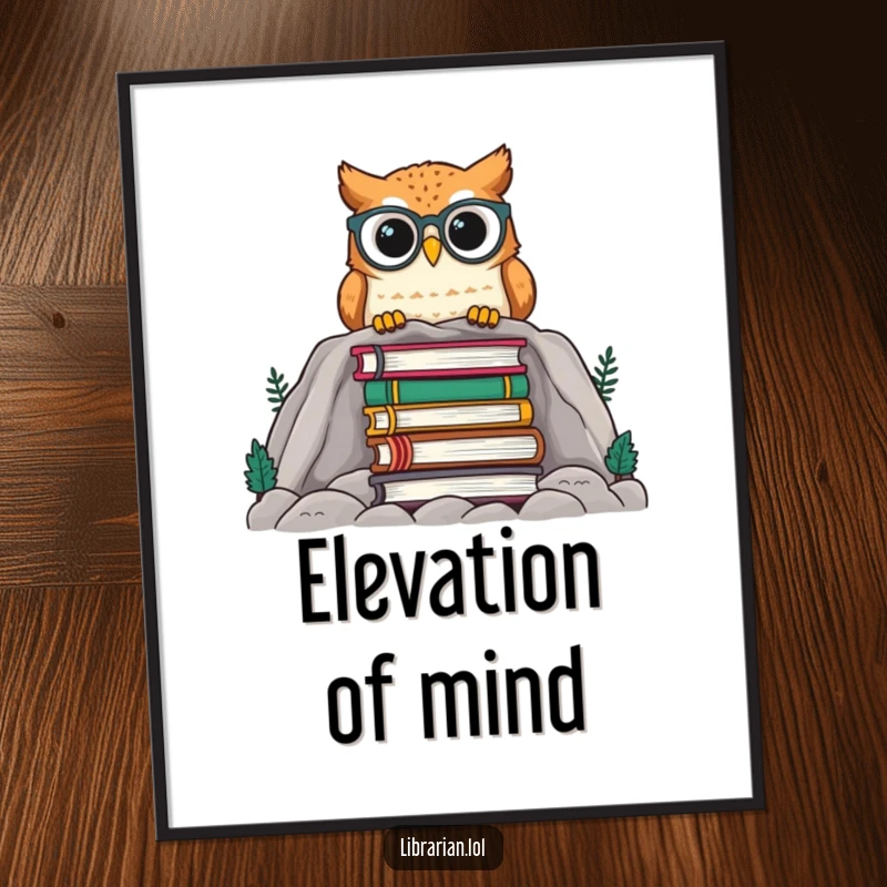 Funny owl with spectacles peering over a huge pile of books, available as a digital art print for humorous home decor.