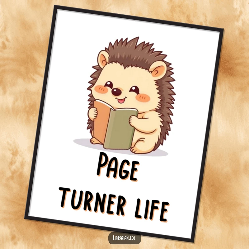 Funny Hedgehog digital art, happy reader placing bookmark, whimsical illustration, instant download art, perfect funny gift.