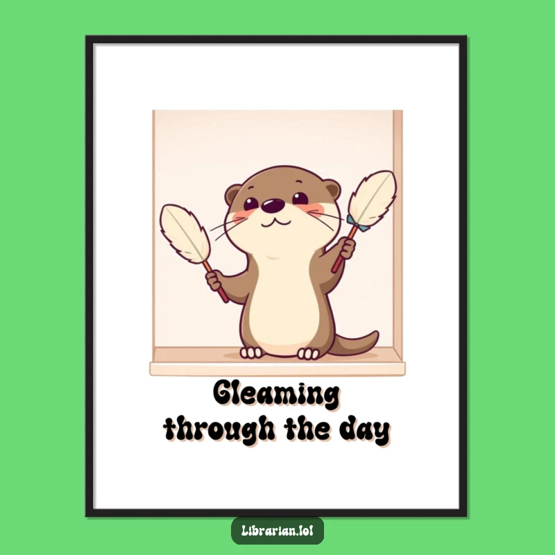 Funny Otter Digital Art - Tidy Cartoon Animal Dusting, Printable & Humorous Decor
