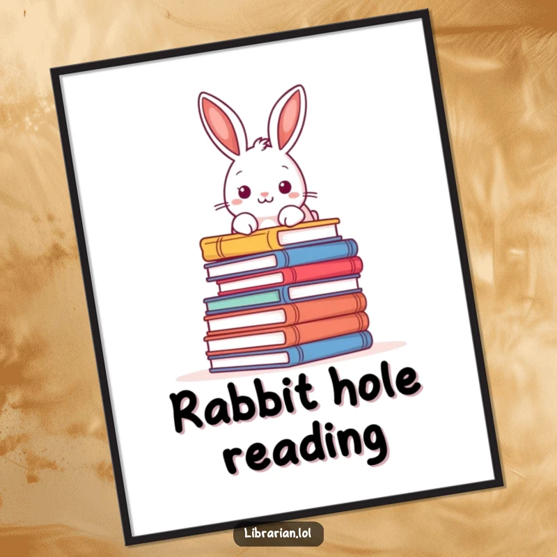 Funny digital art print of a playful rabbit peering over a towering pile of books, bringing whimsical literary humor to walls.