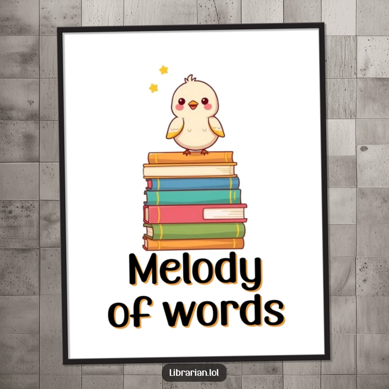 Funny digital art print of a happy bird chirping on a stack of books, instant cheerful decor for bookworms.