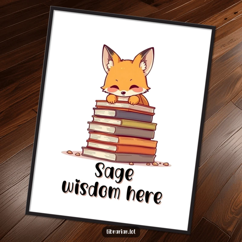 Funny curious fox peeking over a large pile of dusty books, high-resolution digital art print for a bookish room.