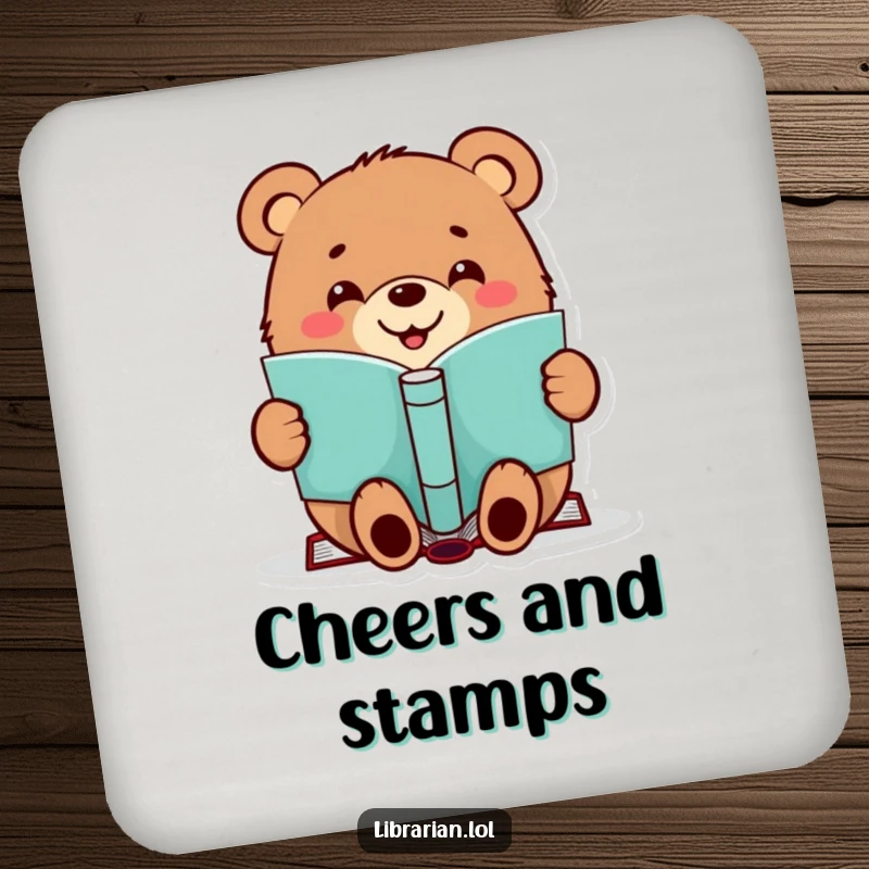 Funny drink coaster featuring a happy bear stamping a book, adding a whimsical literary touch.